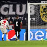 Andre Silva of RB Leipzig scores their team's third goal during the UEFA Champions League group F match between RB Leipzig and Celtic