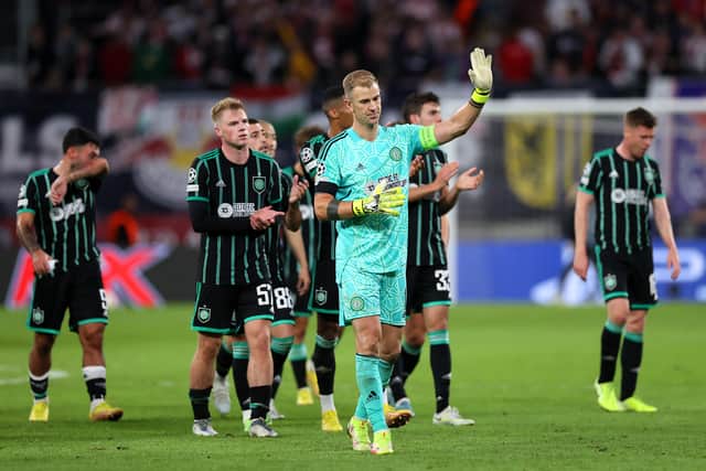 Joe Hart of Celtic acknowledges the fans after their sides defeat 