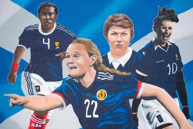 SWNT Mural outside of Hampden Park during a Scotland Women's National Team training session at Hampden Park, on October 05, 2022, in Glasgow, Scotland.