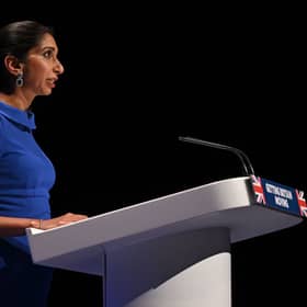Britain’s Home Secretary Suella Braverman addresses delegates on the third day of the annual Conservative Party Conference. Credit: Getty Images