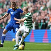 Daizen Maeda of Celtic challenged by Shaun Rooney of St Johnstone during the Cinch Scottish Premiership match