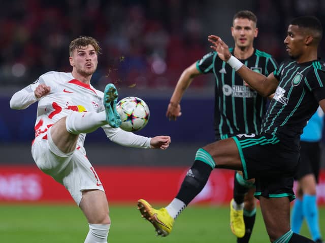 Leipzig's German forward Timo Werner (L) and Celtic's German defender Moritz Jenz vie for the ball during the UEFA Champions League Group F football match RB Leipzig v Celtic FC in Leipzig, eastern Germany