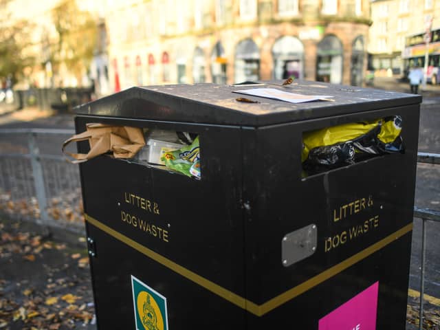 An overflowing bin in Glasgow from the 2021 refuse worker GMB Scotland strike.