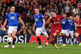 Darwin Nunez in action during the UEFA Champions League group A match between Liverpool and Rangers at Anfield