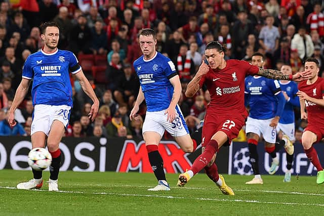 Darwin Nunez in action during the UEFA Champions League group A match between Liverpool and Rangers at Anfield