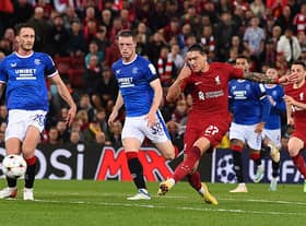 Darwin Nunez in action during the UEFA Champions League group A match between Liverpool and Rangers at Anfield