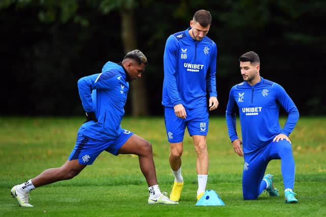 Rangers' Colombian striker Alfredo Morelos, Rangers' Croatian defender Borna Barisic and Rangers' German-born Croatian striker Antonio Colak take part in a team training session