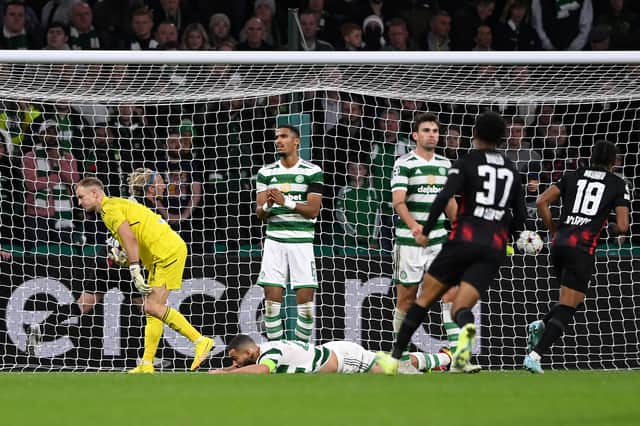 Joe Hart, Cameron Carter-Vickers and Moritz Jenz of Celtic look dejected after Emil Forsberg (not pictured) of FC Leipzig scores their team's second goal 