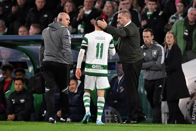 Ange Postecoglou, Manager of Celtic consoles Liel Abada after being substituted off injured