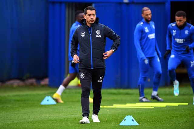 Rangers' Dutch manager Giovanni van Bronckhorst leads a team training session at at the Rangers Training Centre in Milngavie