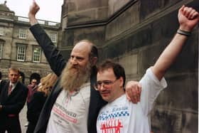 Tommy Campbell and Joe Steele share their pride after winning the court case in 2001.  
