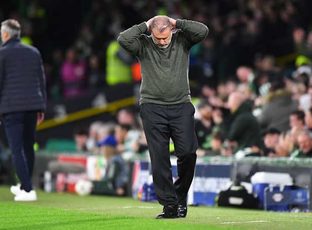<p>Celtic’s Greek Australian head coach Ange Postecoglou reacts during the UEFA Champions League Group F football match between Celtic and RB Leipzig</p>
