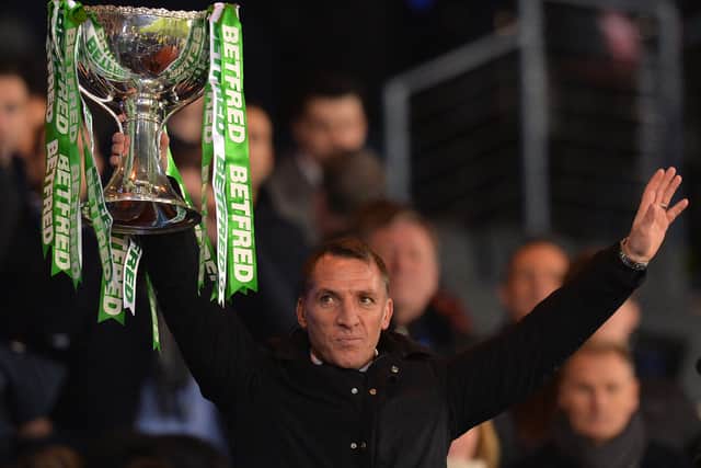 Celtic manager Brendan Rodgers with the League Cup Trophy as his team won 1-0 over Aberdeen during the Betfred Cup Final at Hampden Park in December 2018
