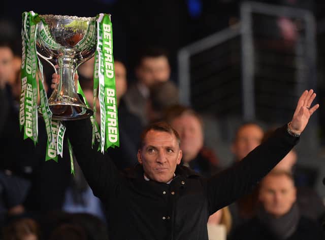 Celtic manager Brendan Rodgers with the League Cup Trophy as his team won 1-0 over Aberdeen during the Betfred Cup Final at Hampden Park in December 2018