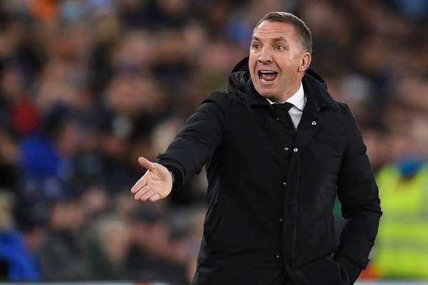 Leicester City's Northern Irish manager Brendan Rodgers gestures on the touchline during the UEFA Conference League semi-final first leg football match between Leicester City and Roma 