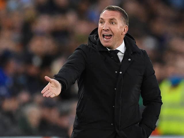 Leicester City's Northern Irish manager Brendan Rodgers gestures on the touchline during the UEFA Conference League semi-final first leg football match between Leicester City and Roma 