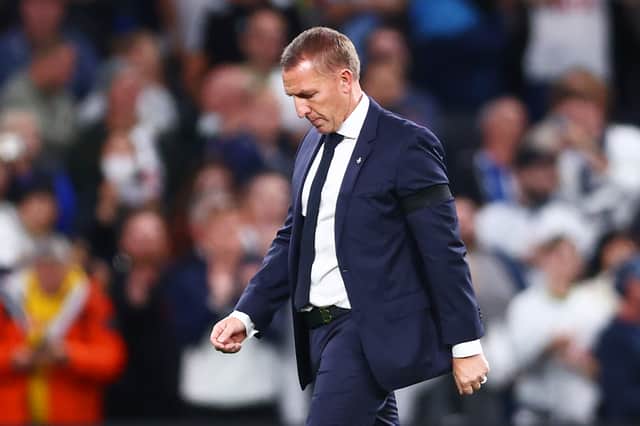 Brendan Rodgers looks dejected following his side's defeat during the Premier League match between Tottenham Hotspur and Leicester City