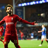 Mohamed Salah of Liverpool celabrates his hat-trick goal during the UEFA Champions League group A match against Rangers at Ibrox Stadium