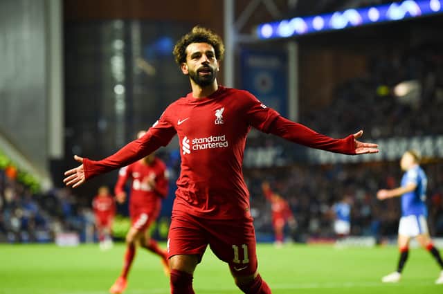 Mohamed Salah of Liverpool celabrates his hat-trick goal during the UEFA Champions League group A match against Rangers at Ibrox Stadium