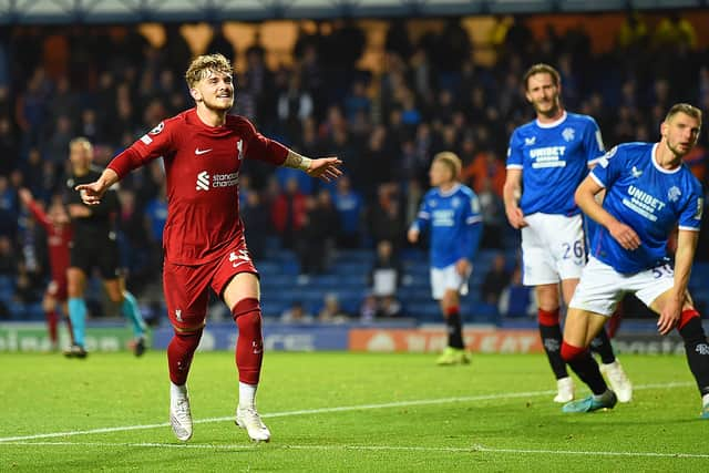 Harvey Elliott of Liverpool celebrates scoring the 7th goal 