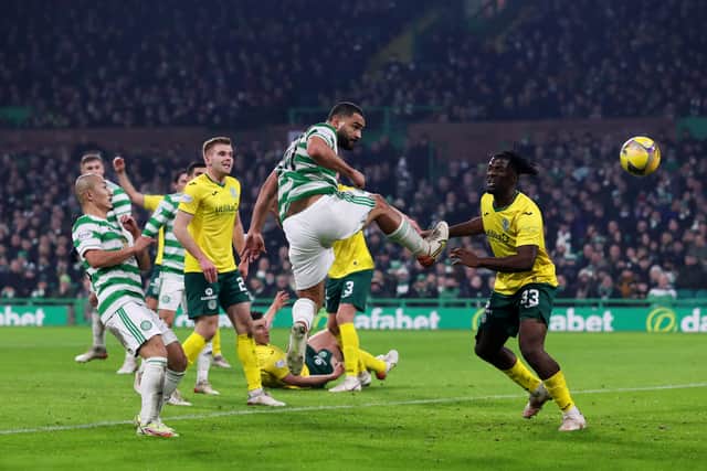 Cameron Carter-Vickers scores a disallowed goal during the Cinch Scottish Premiership match between Celtic and Hibernian on January 17, 2022