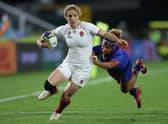 Abby Dow of England is tackled during the Pool C Rugby World Cup 2021 match between France and England 