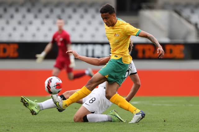 Keanu Baccus in action during the International friendly match between the New Zealand All Whites and Australia Socceroos at Eden Park on September 25, 2022