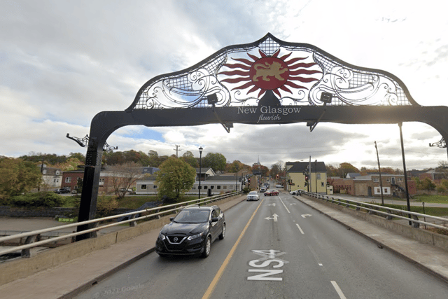 This sign can be found on a bridge in New Glasgow over the East River of Pictou - the waterway that the settlement was founded on.