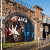 A mural of the Gorbals Vampire by local teenage artist Ella Bryson and Art Pistol street artists, Ejek, in an archway on St Luke’s Place near the Citizens’ Theatre