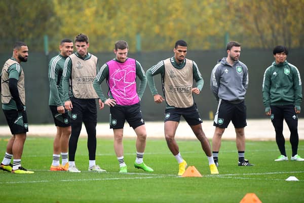 Celtic players attend a team training session at the Celtic Training Centre in Lennoxtown, north of Glasgow