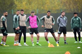 Celtic players attend a team training session at the Celtic Training Centre in Lennoxtown, north of Glasgow