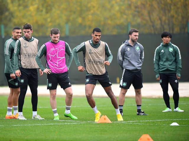 Celtic players attend a team training session at the Celtic Training Centre in Lennoxtown, north of Glasgow