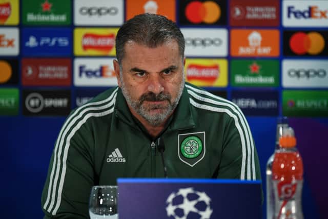 Celtic head coach Ange Postecoglou attends a press conference at Celtic Park in Glasgow on the eve of their UEFA Champions League Group F football match against Shakhtar Donetsk