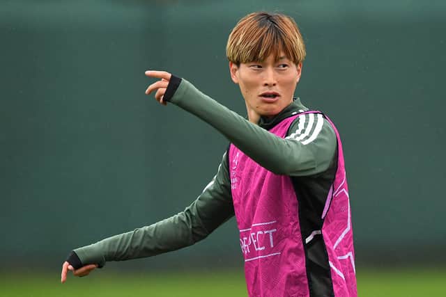 Celtic's Japanese striker Kyogo Furuhashi attends a team training session 