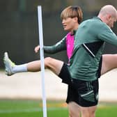 Celtic’s Japanese striker Kyogo Furuhashi (L) and Australian midfielder Aaron Mooy attend a team training session