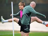 Celtic’s Japanese striker Kyogo Furuhashi (L) and Australian midfielder Aaron Mooy attend a team training session