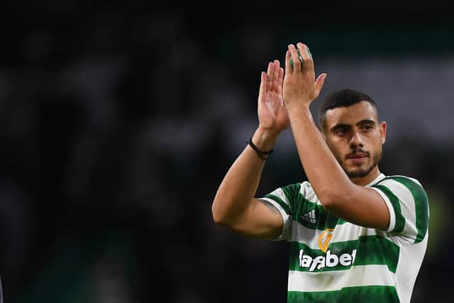 Giorgos Giakoumakis applauds supporters at the end of the UEFA Champions League Group F football match