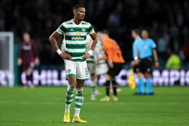 A frustrated Moritz Jenz of Celtic looks on after the final whistle