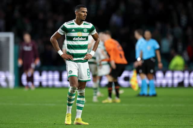 A frustrated Moritz Jenz of Celtic looks on after the final whistle 