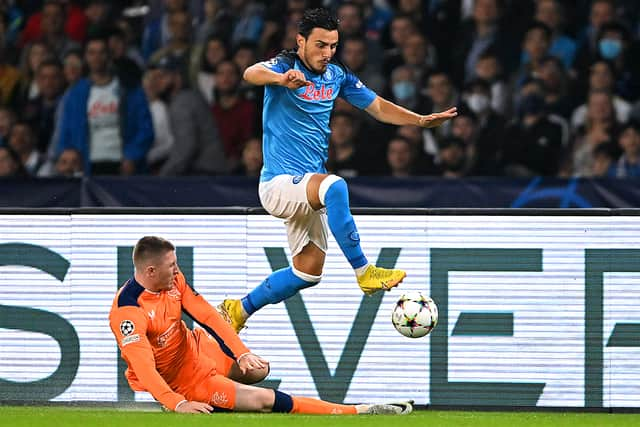 Eljif Elmas of Napoli is challenged by John Lundstram of Rangers