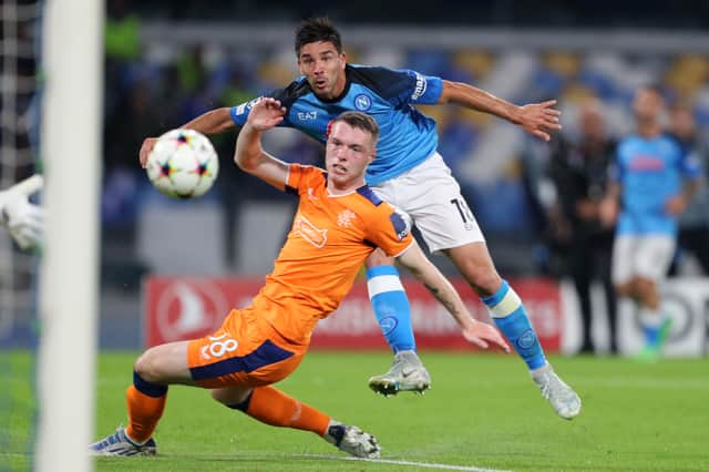 Leon King of Rangers looks on as Giovanni Simeone of Napoli scores their side’s second goal