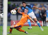Leon King of Rangers looks on as Giovanni Simeone of Napoli scores their side’s second goal