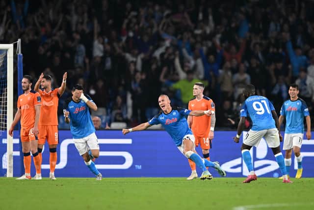 Leo Ostigard of Napoli celebrates scoring their side's third goal