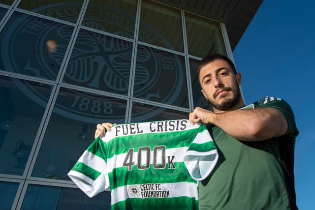 Josip Juranovic promotes a Celtic Foundation £400k donation during a Celtic training session at Lennoxtown