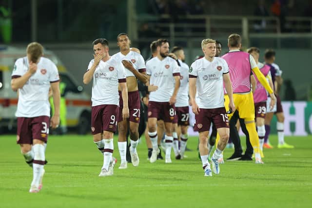 All the players of Heart of Midlothian shows dejection during the UEFA Europa Conference League group A match between ACF Fiorentina and Heart of Midlothian at Stadio Artemio Franchi