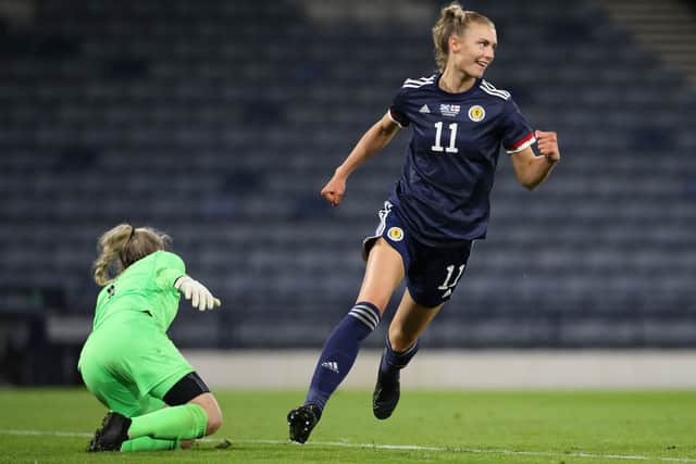 Jenna Clark of Scotland celebrates after scoring her side’s sixth goal during the FIFA Women’s World Cup 2023 Qualifier group B match against Faroe Islands 