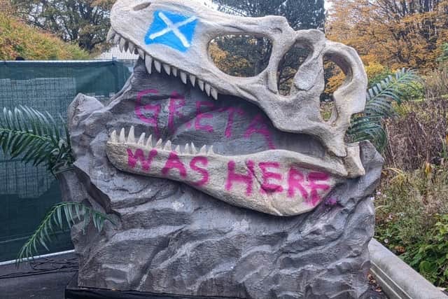 The dinosaur skull that was vandalised this morning.