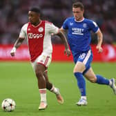 Steven Bergwijn of Ajax runs with the ball while under pressure from Leon King of Rangers during the UEFA Champions League group A match at Johan Cruyff Arena on September 07, 2022 in Amsterdam, Netherlands.