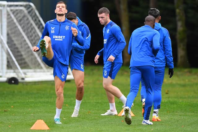 Rangers’ Croatian defender Borna Barisic (L) takes part in a team training session at the Rangers Training Centre in Milngavie