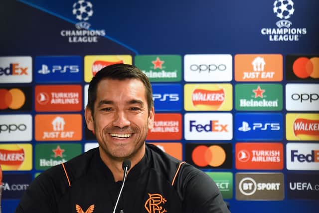 Rangers' Dutch manager Giovanni van Bronckhorst speaks during a press conference at Ibrox Stadium in Glasgow